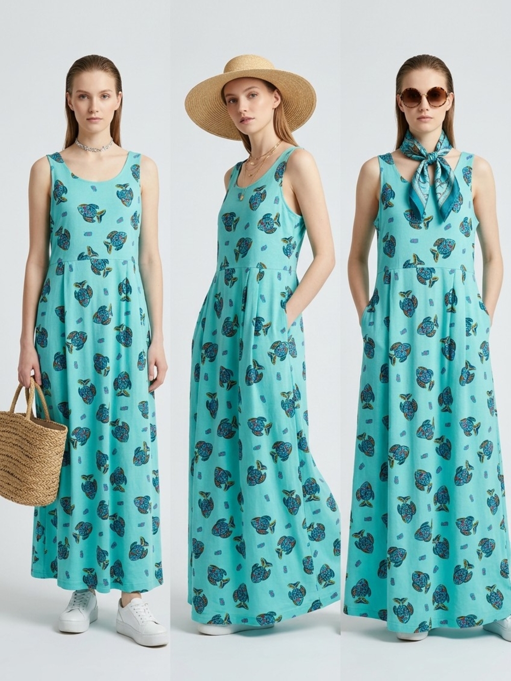 Zipcode Design Aqua Blue Printed Sleeveless Maxi Dress